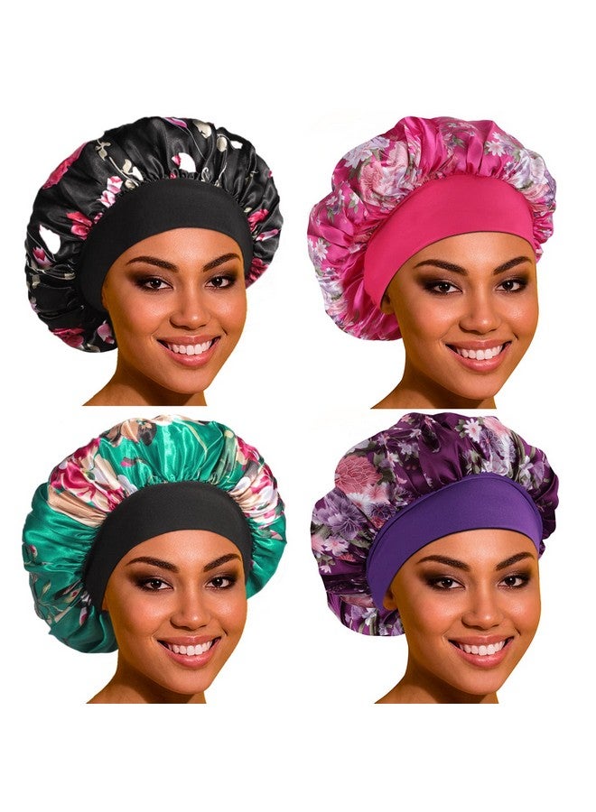 Roybens Satin Bonnet Silk Bonnet Hair Bonnet For Sleeping 4 Pack Bonnets For Black Women With Wide Elastic Band For Curly Hair - Image 1