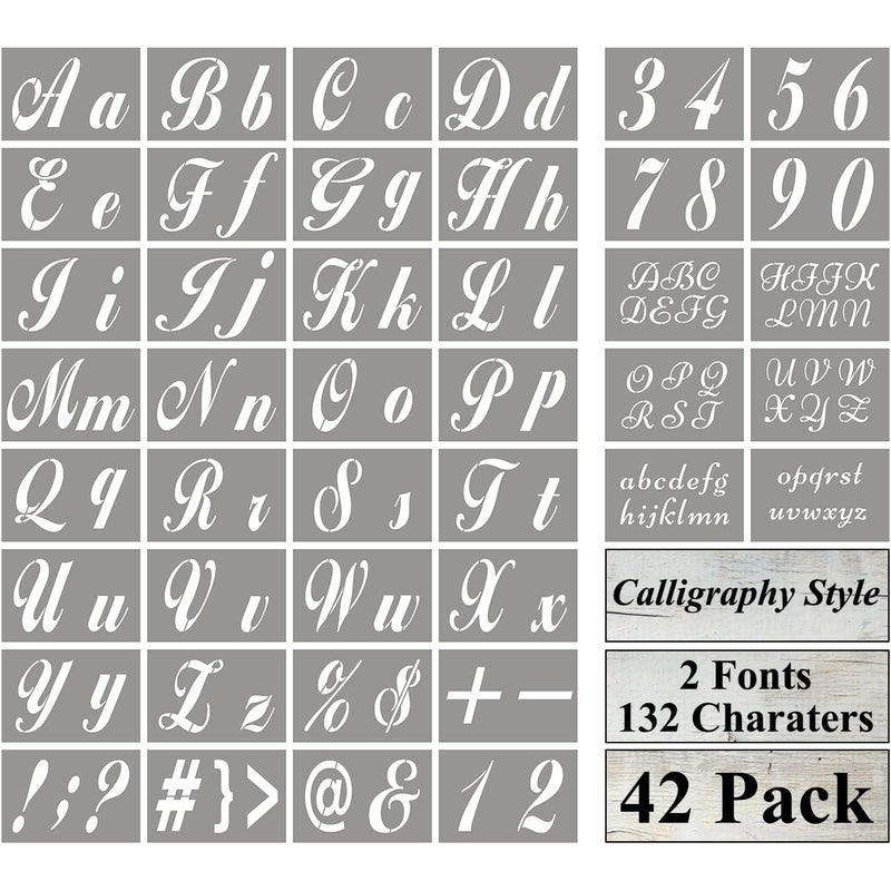 REOLAN Letter Stencils for Painting on Wood - 42 Pack Alphabet Stencil Templates with Numbers and Signs, Large Reusable Plastic Stencils in 2 Fonts and 132 Designs for Wood Burning & Wall Art - Image 1