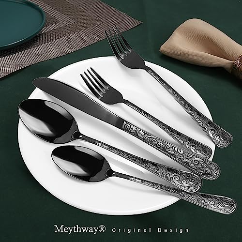 Meythway 40-Piece Vintage Carved Black Silverware Set for 8, Stainless Steel Flatware Set with Knife/Fork/Spoon, Cutlery Set for Home and Kitchen, Utensil Set with Dishwasher Safe - Image 3