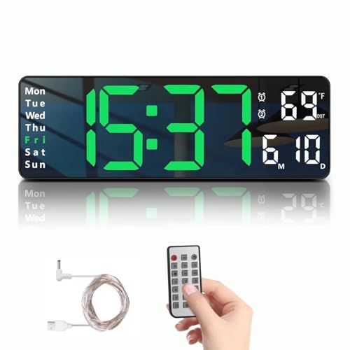 SYGNIUS Digital Wall Clock, 16 Digital Clock Large Display, Dual Alarms, Automatic Brightness Dimmer- Easy Track The Time, Date, Day of Week and Temperature, with Remote Control, Plastic, Green - Image 1