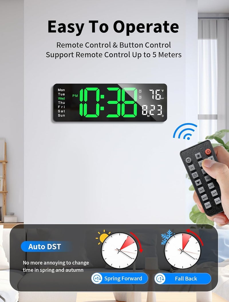 SYGNIUS Digital Wall Clock, 16 Digital Clock Large Display, Dual Alarms, Automatic Brightness Dimmer- Easy Track The Time, Date, Day of Week and Temperature, with Remote Control, Plastic, Green - Image 3