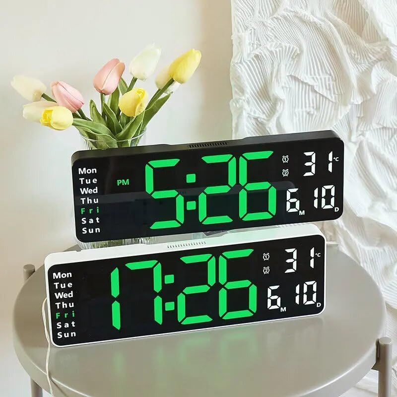 SYGNIUS Digital Wall Clock, 16 Digital Clock Large Display, Dual Alarms, Automatic Brightness Dimmer- Easy Track The Time, Date, Day of Week and Temperature, with Remote Control, Plastic, Green - Image 4