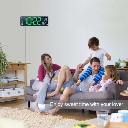 SYGNIUS Digital Wall Clock, 16 Digital Clock Large Display, Dual Alarms, Automatic Brightness Dimmer- Easy Track The Time, Date, Day of Week and Temperature, with Remote Control, Plastic, Green - Image 5