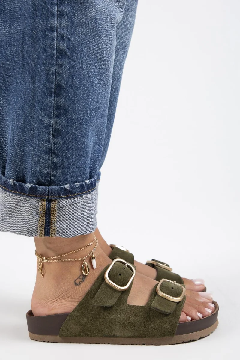 Manijero Manijero Jazmin Women's Genuine Leather Double Buckle Khaki Slippers