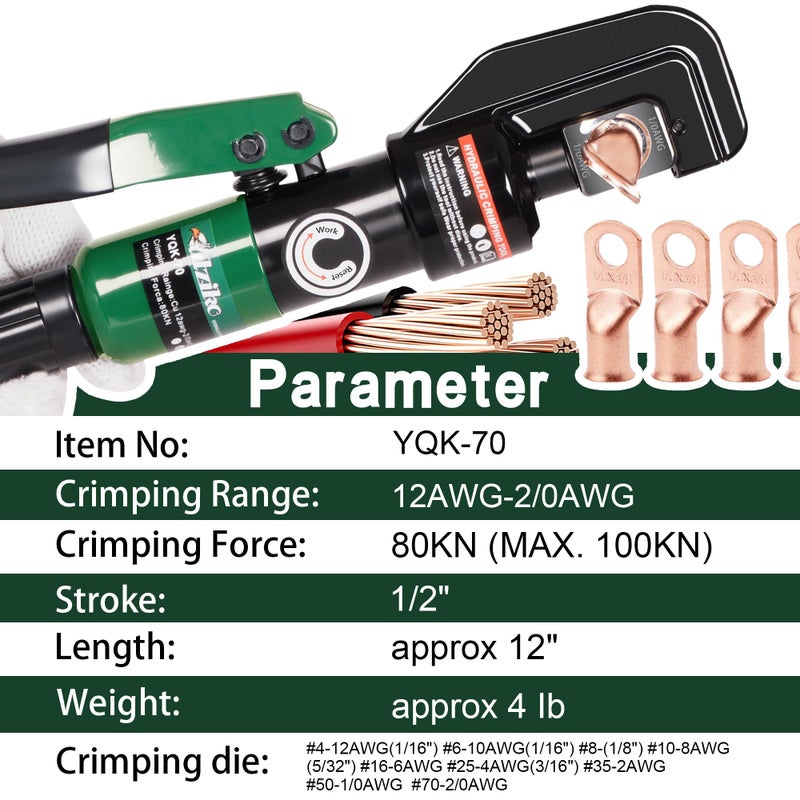 UTZIKO Hydraulic Cable Lug Crimper 10 US TON 12 AWG to 00 (2/0) Electrical Terminal Cable Wire Tool Kit with 9 Die (12awg~00awg Crimping Tool) - Image 4