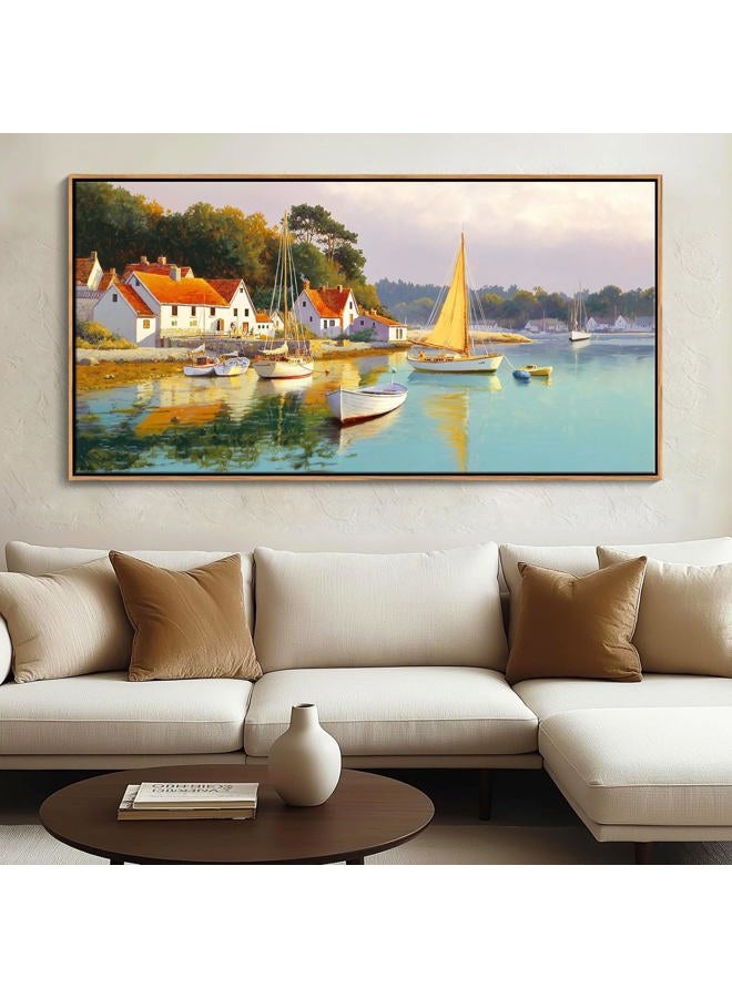 AJAZIKO Coastal Wall Art - Rustic Ocean & boat Canvas Art for Living Room & Bedroom Decor - Framed Landscape Artwork for Walls - Italian Farmhouse & Country Wall Decor Print Pictures24x48IN - Image 3