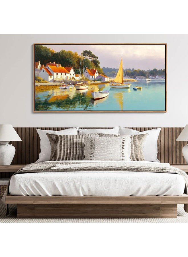 AJAZIKO Coastal Wall Art - Rustic Ocean & boat Canvas Art for Living Room & Bedroom Decor - Framed Landscape Artwork for Walls - Italian Farmhouse & Country Wall Decor Print Pictures24x48IN - Image 4