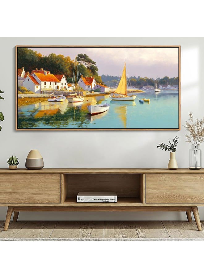 AJAZIKO Coastal Wall Art - Rustic Ocean & boat Canvas Art for Living Room & Bedroom Decor - Framed Landscape Artwork for Walls - Italian Farmhouse & Country Wall Decor Print Pictures24x48IN - Image 1