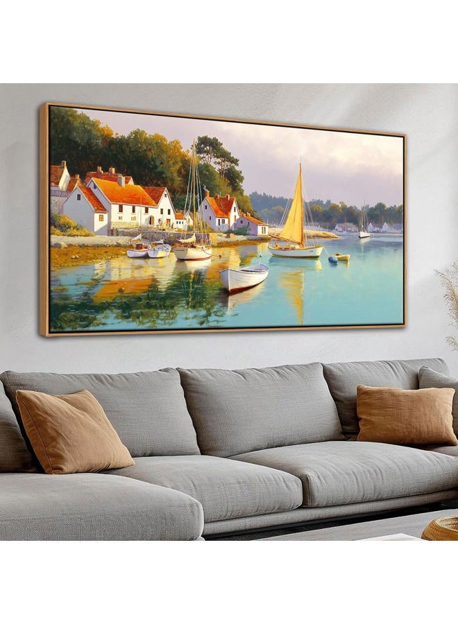 AJAZIKO Coastal Wall Art - Rustic Ocean & boat Canvas Art for Living Room & Bedroom Decor - Framed Landscape Artwork for Walls - Italian Farmhouse & Country Wall Decor Print Pictures24x48IN - Image 2