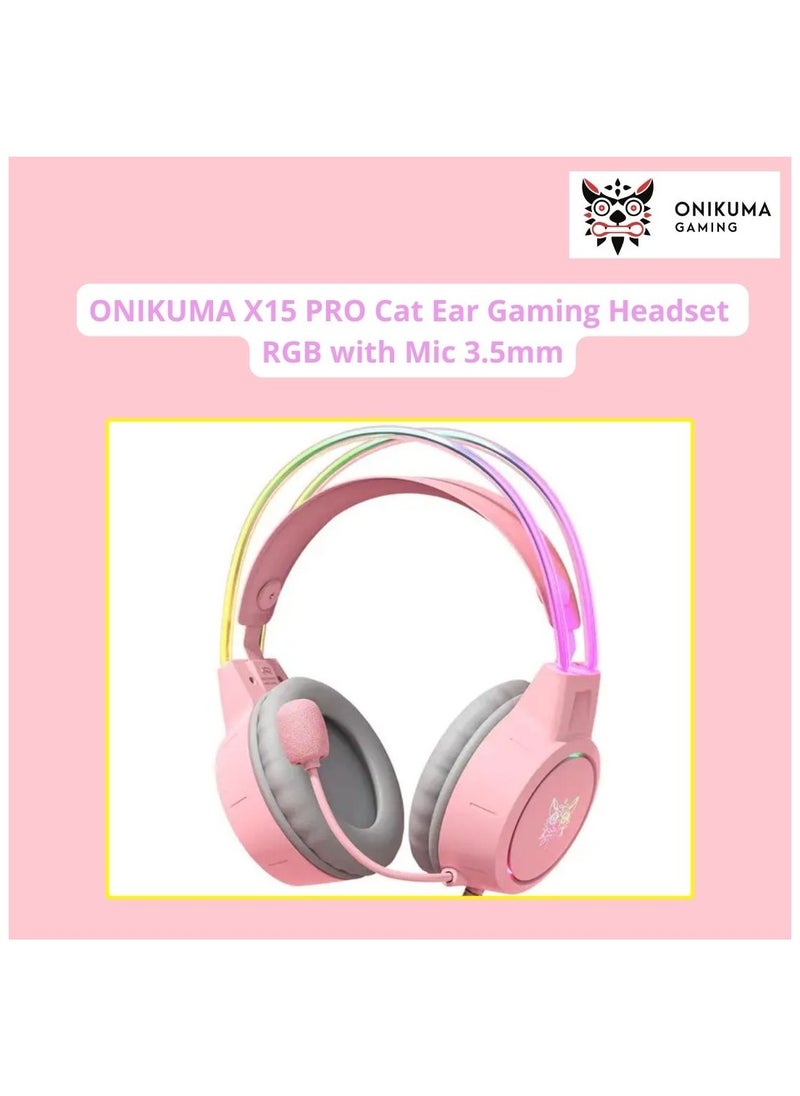 onikuma - ONIKUMA X15 PRO Cat Ear Gaming Headset RGB with Mic 3.5mm Pink Wired for PC XBOX PS4 - Image 1