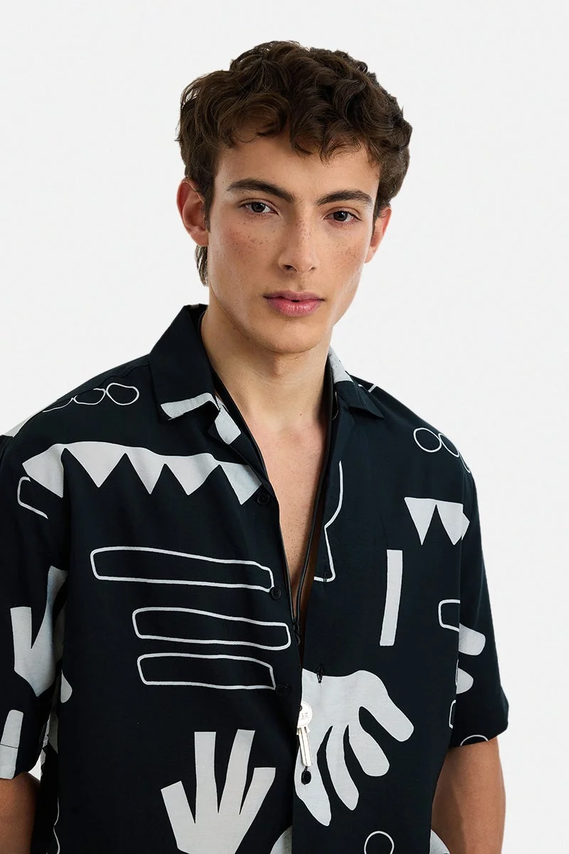 SNITCH Black Abstract Half Sleeve Boxy Shirt