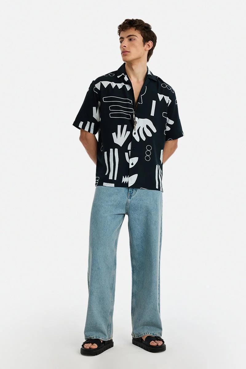 SNITCH Black Abstract Half Sleeve Boxy Shirt