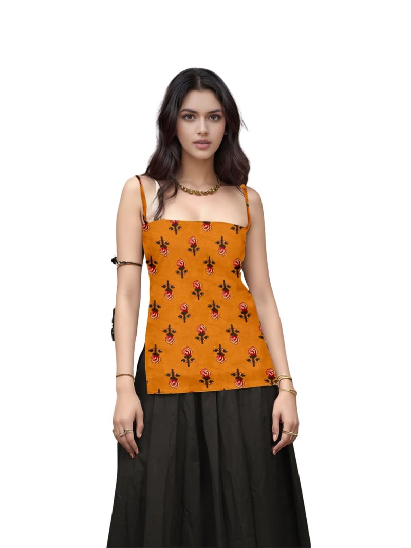 Aahwan Orange Printed Square Neck Sleeveless Backless Short Indo-Western Ethnic Kurti Top for Women's & Girl's Ethnic Top for Women's & Girl's(356-Orange-S) - Image 1