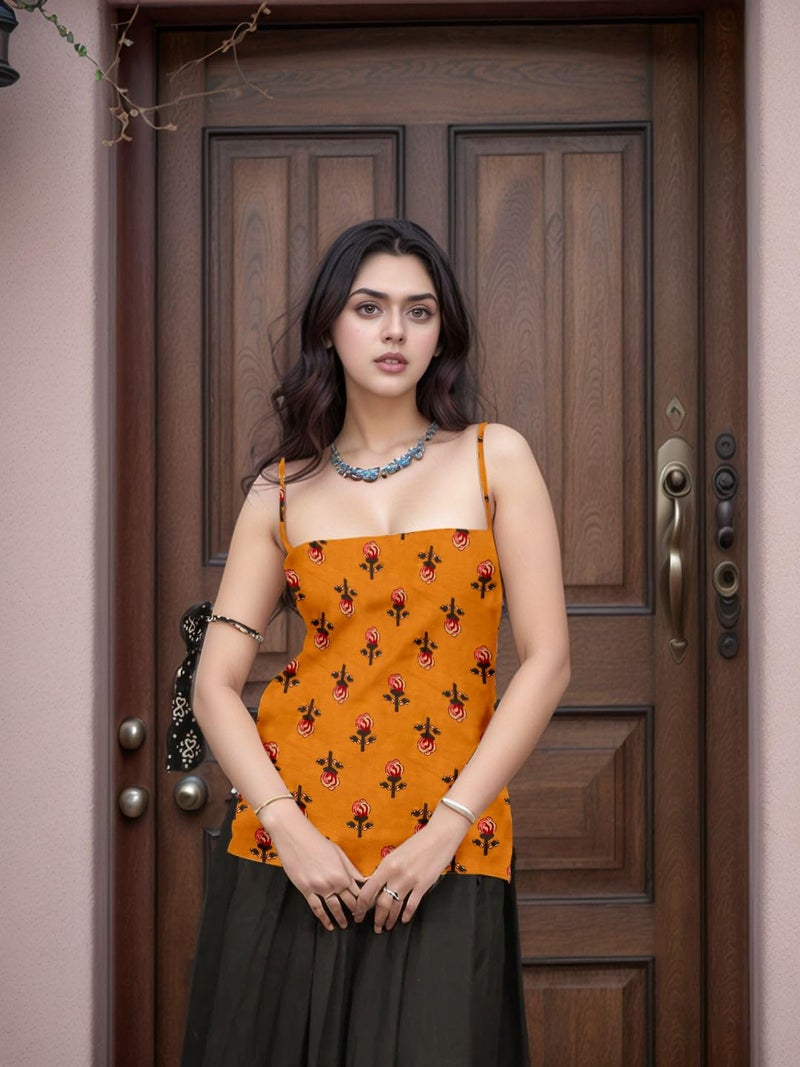 Aahwan Orange Printed Square Neck Sleeveless Backless Short Indo-Western Ethnic Kurti Top for Women's & Girl's Ethnic Top for Women's & Girl's(356-Orange-S) - Image 4