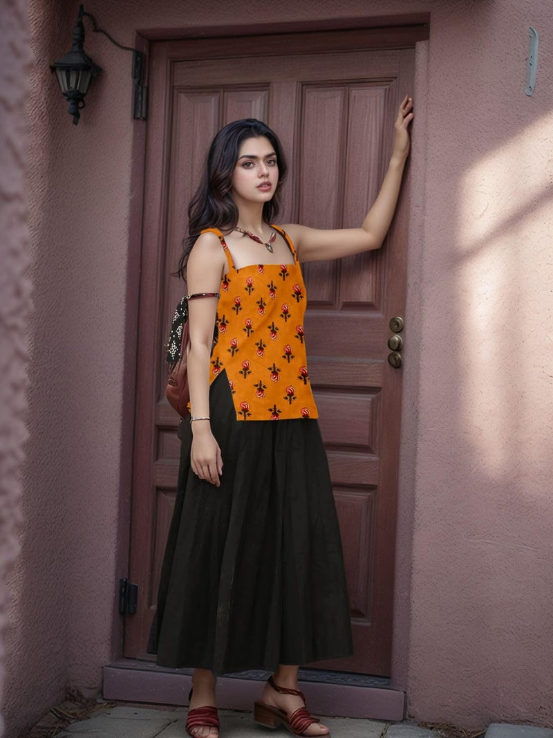 Aahwan Orange Printed Square Neck Sleeveless Backless Short Indo-Western Ethnic Kurti Top for Women's & Girl's Ethnic Top for Women's & Girl's(356-Orange-S) - Image 5
