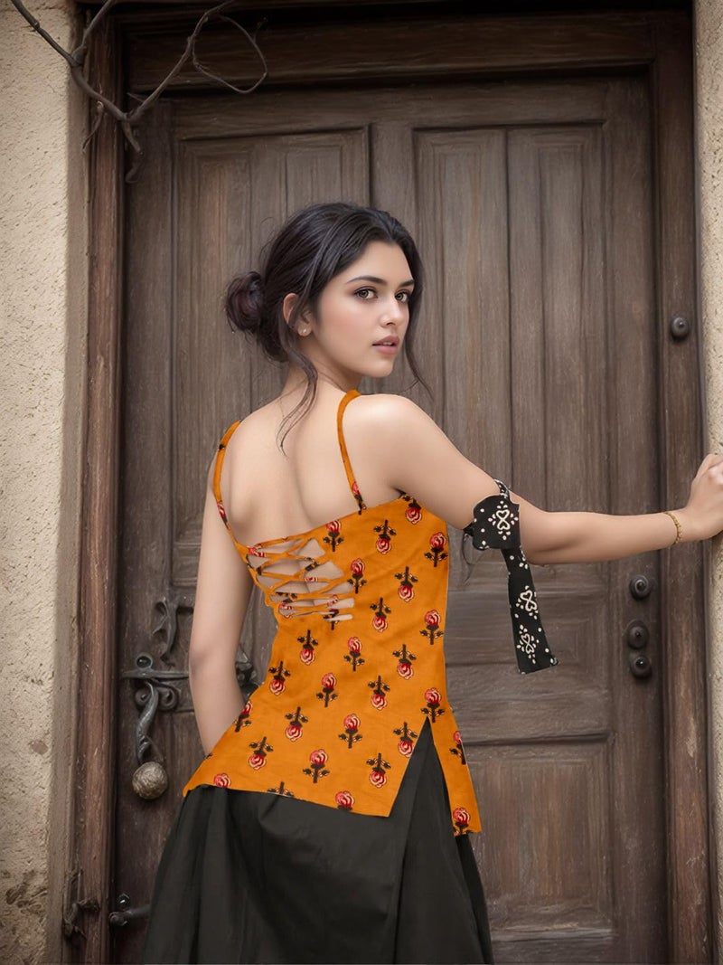 Aahwan Orange Printed Square Neck Sleeveless Backless Short Indo-Western Ethnic Kurti Top for Women's & Girl's Ethnic Top for Women's & Girl's(356-Orange-S) - Image 2