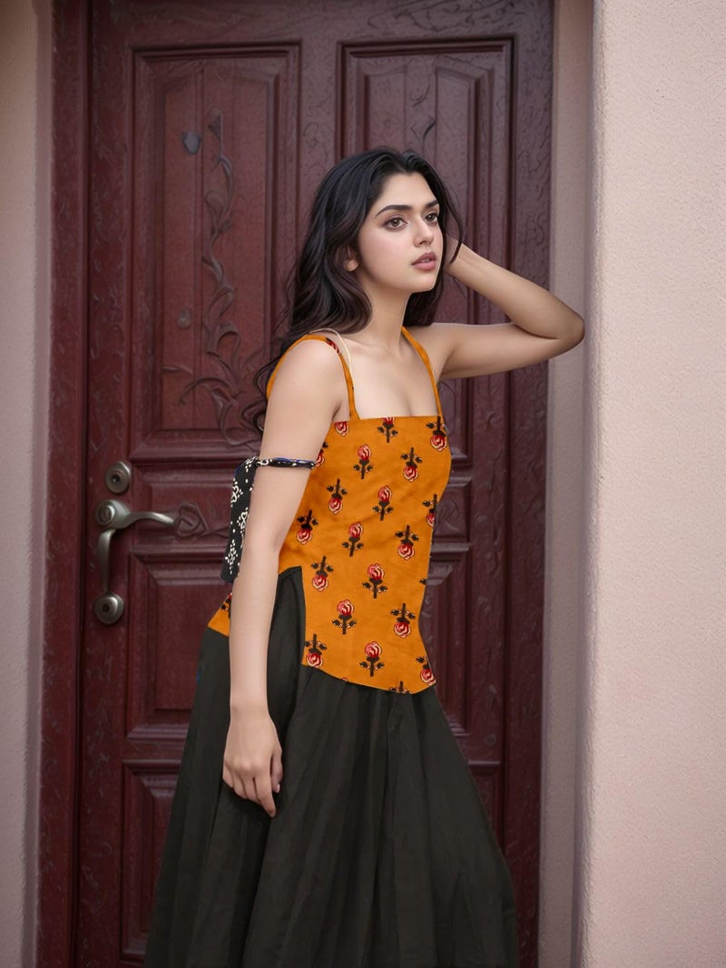 Aahwan Orange Printed Square Neck Sleeveless Backless Short Indo-Western Ethnic Kurti Top for Women's & Girl's Ethnic Top for Women's & Girl's(356-Orange-S) - Image 3