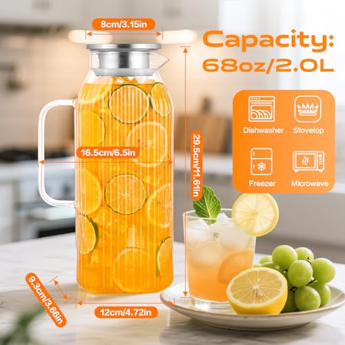 Aofmee 2 Liters/68oz 2 Pack Stripes Glass Pitcher with Lid and Handle for Fridge Door, Aofmee Borosilicate Glass Heat Resistant Dishwasher Safe Iced Tea Jar, Carafe with Scale Line for Hot/Cold Beverage - Image 2
