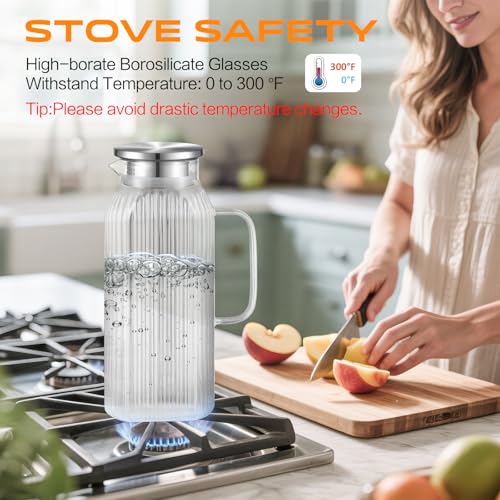 Aofmee 2 Liters/68oz 2 Pack Stripes Glass Pitcher with Lid and Handle for Fridge Door, Aofmee Borosilicate Glass Heat Resistant Dishwasher Safe Iced Tea Jar, Carafe with Scale Line for Hot/Cold Beverage - Image 3
