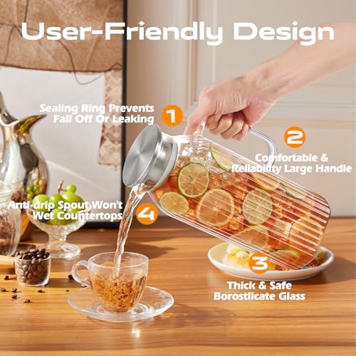 Aofmee 2 Liters/68oz 2 Pack Stripes Glass Pitcher with Lid and Handle for Fridge Door, Aofmee Borosilicate Glass Heat Resistant Dishwasher Safe Iced Tea Jar, Carafe with Scale Line for Hot/Cold Beverage - Image 4