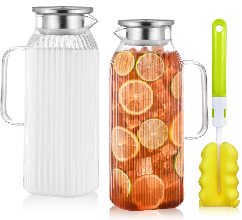 Aofmee 2 Liters/68oz 2 Pack Stripes Glass Pitcher with Lid and Handle for Fridge Door, Aofmee Borosilicate Glass Heat Resistant Dishwasher Safe Iced Tea Jar, Carafe with Scale Line for Hot/Cold Beverage - Image 1