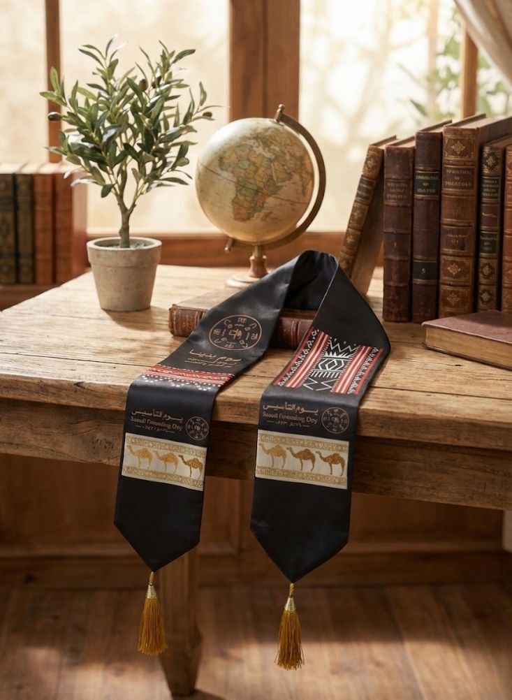 بريميم وشاح تراثي للأطفال بمناسبة يوم تأسيس المملكة العربية السعودية، مزين بنقوش ثقافية وشرابات ذهبية. - Image 4