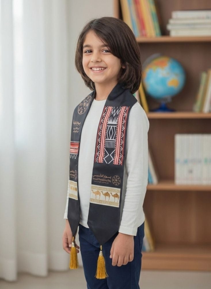 بريميم وشاح تراثي للأطفال بمناسبة يوم تأسيس المملكة العربية السعودية، مزين بنقوش ثقافية وشرابات ذهبية. - Image 2