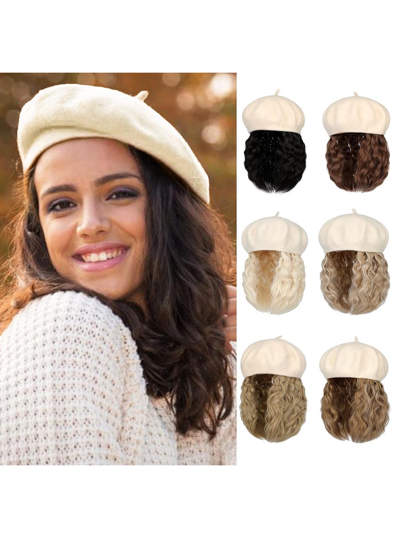 AynnQueen AynnQueen Beret with Hair Extensions for Women Hat with Kinky Curly Synthetic Wig Attached 8 inch Long Curly Hair Apricot Beret Light Brown 