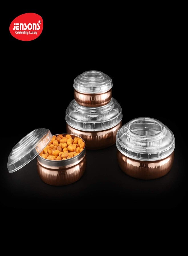 Jensons Stainless Steel Copper Colored 4Pcs Belly Shape Storage Set with Break Resistant Polycarbonate Lids with HAMMERING - Image 2