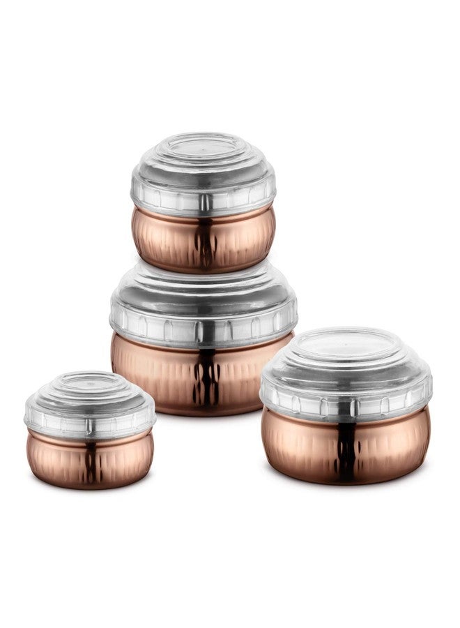 Jensons Stainless Steel Copper Colored 4Pcs Belly Shape Storage Set with Break Resistant Polycarbonate Lids with HAMMERING - Image 1
