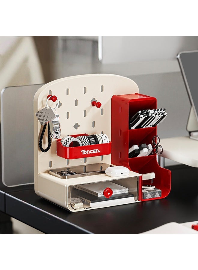 Desktop Storage Rack, Pen Holder, Desktop Drawer Box, Storage Box, With Drawers And Three Compartments, Pegboard, Hook Storage Board, Suitable For Desk And Office Desk Clutter Storage. - Image 1