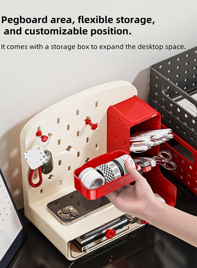 Desktop Storage Rack, Pen Holder, Desktop Drawer Box, Storage Box, With Drawers And Three Compartments, Pegboard, Hook Storage Board, Suitable For Desk And Office Desk Clutter Storage. - Image 4