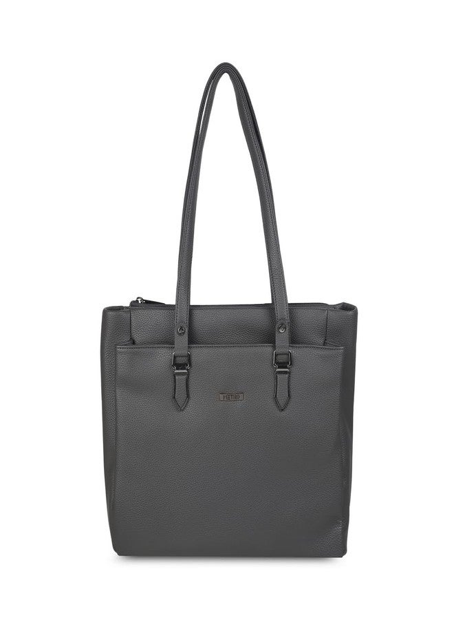 Metro Women Grey Faux Leather Multi-Compartment Shoulder Bag with Flat Handles (66-445) - Image 1