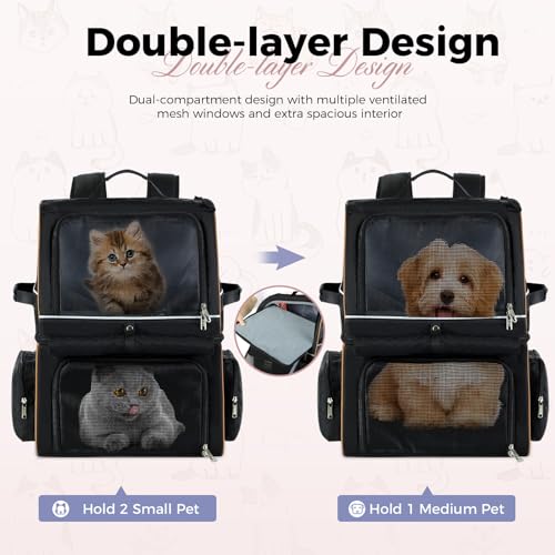 Lekebobor Double Cat Backpack Carrier for 2 Cats, Double-Compartment Pet Carrier Backpack for Two Small Cat or One Medium Cat, Cats Carrier Backpack Dog Carrier Backpack Fits Up to 24 Lbs,Black - Image 3