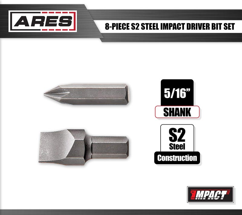 ARES 70013-8-Piece S2 Steel Impact Driver Bit Set - Includes Phillips 1,2,3,4 and Slotted 1/4-Inch, 5/16-Inch, 3/8-Inch and 1/2-Inch Bits - High Alloy S2 Steel Construction - Image 4