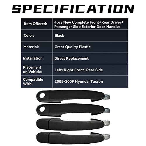 PLDDE 4pcs Exterior Door Handles Compatible with 2005 2006 2007 2008 2009 Hyundai Tucson 82650-2E000 82660-2E000 Front+Rear Left+Right Side Black Outside 05 06 07 08 09 - Image 5