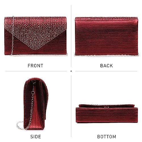 Dasein Women Satin Evening Bag Rhinestone Clutch Purse Wedding Prom Purse Formal Cocktail Party Handbag (Burgundy red) - Image 3