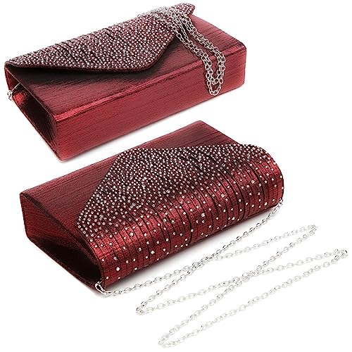 Dasein Women Satin Evening Bag Rhinestone Clutch Purse Wedding Prom Purse Formal Cocktail Party Handbag (Burgundy red) - Image 2