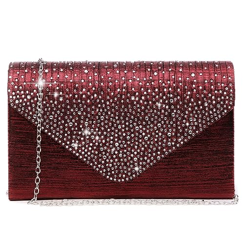 Dasein Women Satin Evening Bag Rhinestone Clutch Purse Wedding Prom Purse Formal Cocktail Party Handbag (Burgundy red) - Image 1
