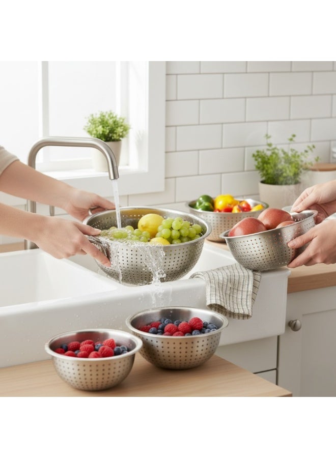 Sweet Home Stainless Steel Fruit & Rice Washing Basket 5 PCS SET– 22, 24, 26, 28, 30CM | Multifunction Colander for Kitchen, Home & Noodles - Image 3