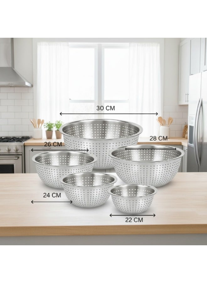 Sweet Home Stainless Steel Fruit & Rice Washing Basket 5 PCS SET– 22, 24, 26, 28, 30CM | Multifunction Colander for Kitchen, Home & Noodles - Image 2