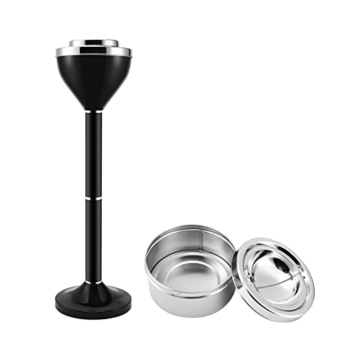 Anfrere Standing Ashtray Outdoor for Patio, Large & Tall Outside Ash Tray for Cigarette Butt Receptacle Disposal, Commercial Metal Smokers Cigar Ashtrays Container with Lid, Polished Black, B01BK - Image 1
