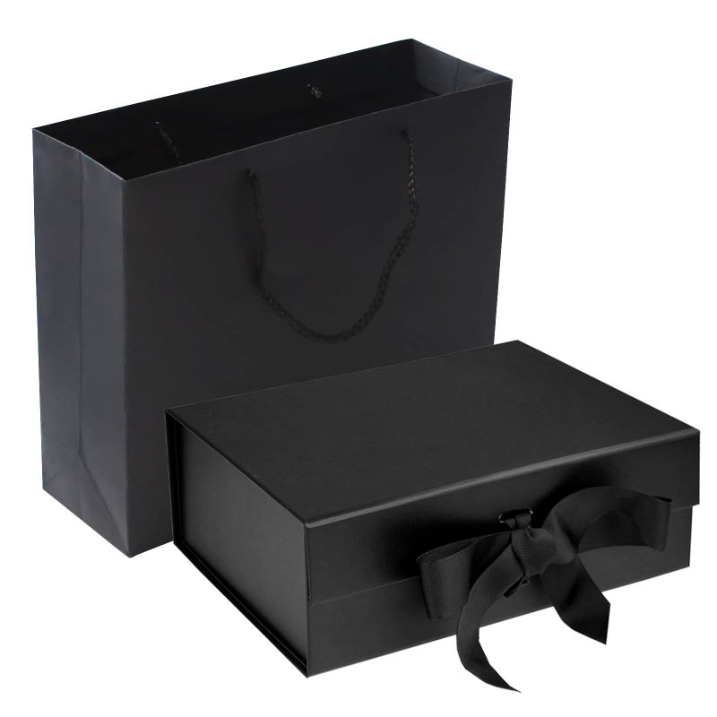 RUIFYRAY Black Luxury Magnetic Gift Box with Lid, Ribbons and Gift Bag, Medium Size-9.4x7x3 Inches, Great for Christmas, New Year, Wedding, Birthdays, Man - Image 1