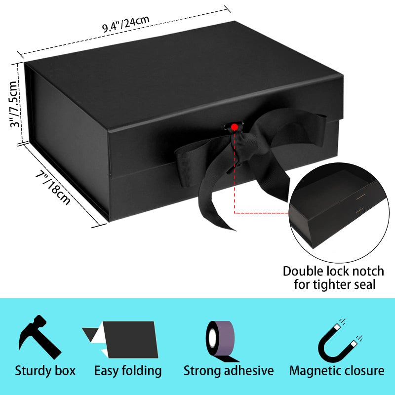 RUIFYRAY Black Luxury Magnetic Gift Box with Lid, Ribbons and Gift Bag, Medium Size-9.4x7x3 Inches, Great for Christmas, New Year, Wedding, Birthdays, Man - Image 2