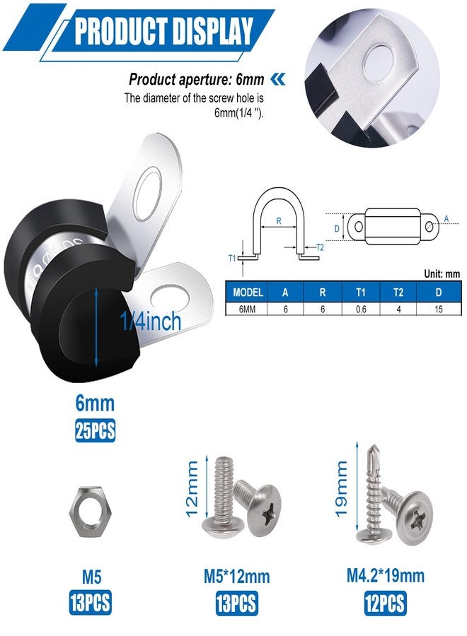 Twidec/50PCS 1/4 Inch Cable Clamp 304 Stainless Steel Rubber Coated Cushion Pipe Clamps,Metal Clamp,With Metal Rubber Clips For Automotive Wire Tube Pipe Clamps N-056-1/4 - Image 2