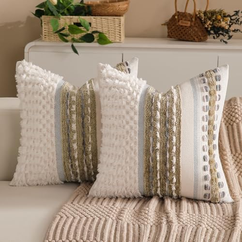 KOOLIFE Boho Chenille Tufted Couch Throw Pillow Covers 18x18 Inch Set of 2 Farmhouse Striped Decorative Pillow Covers Accent Neutral Pillowcase Brown Cushion Cover for Living Room Sofa Bed - Image 1