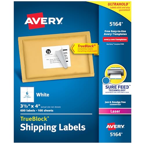 Avery White Shipping Labels for Laser Printers with TrueBlock Technology 3 1/3 Inch x 4 Inch, Box of 600 (5164) - Image 1