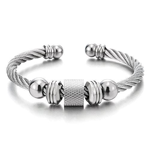 COOLSTEELANDBEYOND Steel Twisted Cable Cuff Bangle Bracelet for Men Women with Beads Charms, Polished Adjustable - Image 1