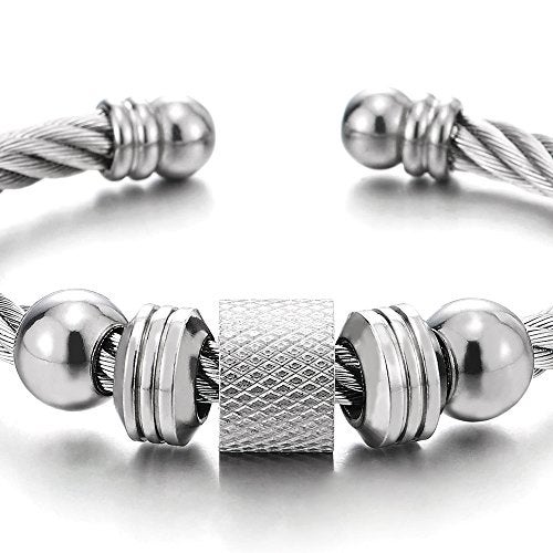 COOLSTEELANDBEYOND Steel Twisted Cable Cuff Bangle Bracelet for Men Women with Beads Charms, Polished Adjustable - Image 2
