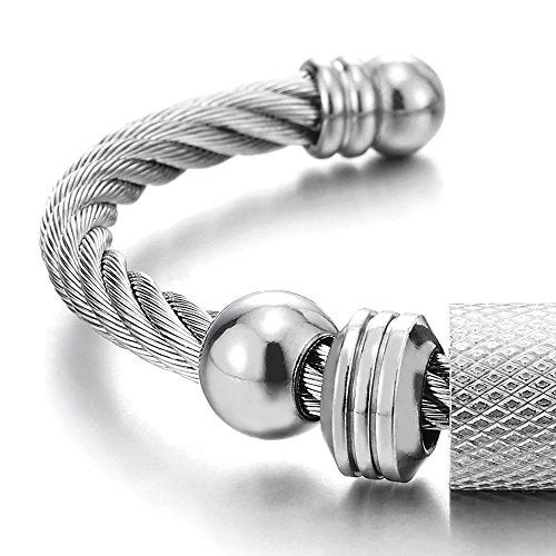 COOLSTEELANDBEYOND Steel Twisted Cable Cuff Bangle Bracelet for Men Women with Beads Charms, Polished Adjustable - Image 3